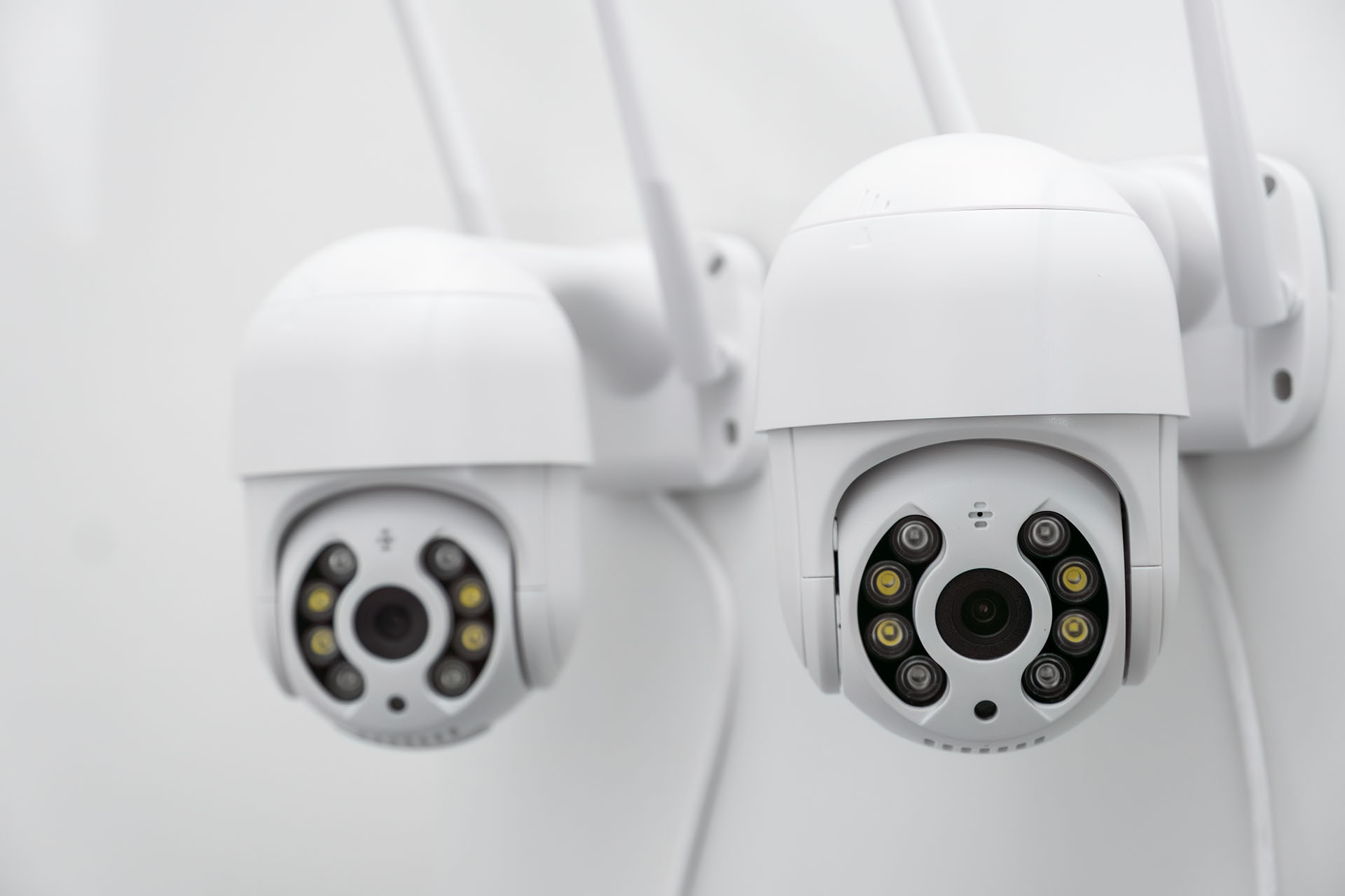 CCTV cameras on the wall record video all day to protect against thieves